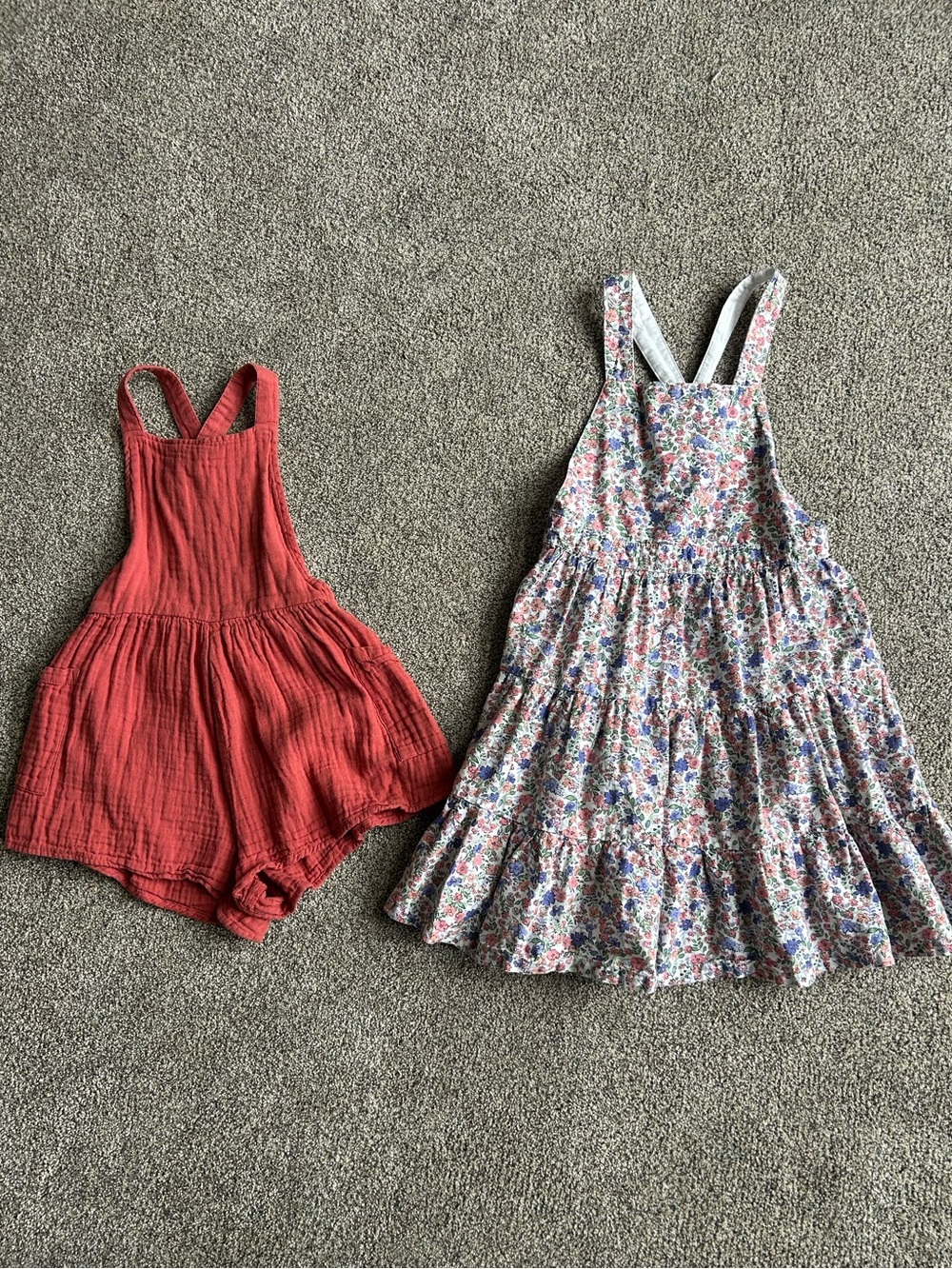 Cotton On Girls Coral Red Gauze Romper and H&M Floral Pinafore Dress